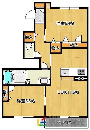 リラフォート橘F棟(2LDK/1階)の間取り写真