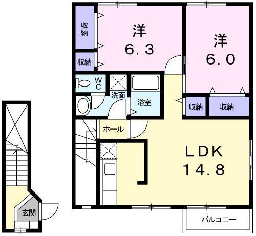シャン・ド・フルールI(2LDK/2階)の間取り写真