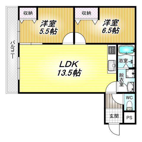 サンハイツ藤井寺(2LDK/4階)の間取り写真