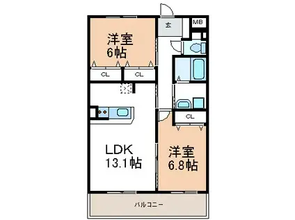ベルデ東栄2(2LDK/5階)の間取り写真