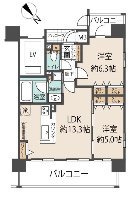 ベルヴィ東園田(2LDK/8階)の間取り写真