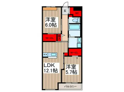イースト WISTERIAI(2LDK/1階)の間取り写真