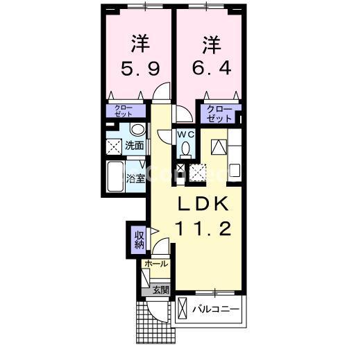 カントリーレイク吉岡 B(2LDK/1階)の間取り写真