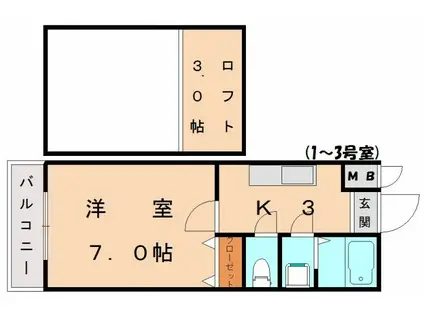 ルート古賀(1K/2階)の間取り写真