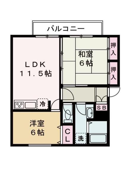 サンリジェール B棟(2LDK/2階)の間取り写真