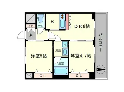 エステムプラザ難波ウエストII プレディア(2LDK/9階)の間取り写真