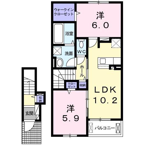 クレール フォンテーヌII(2LDK/2階)の間取り写真