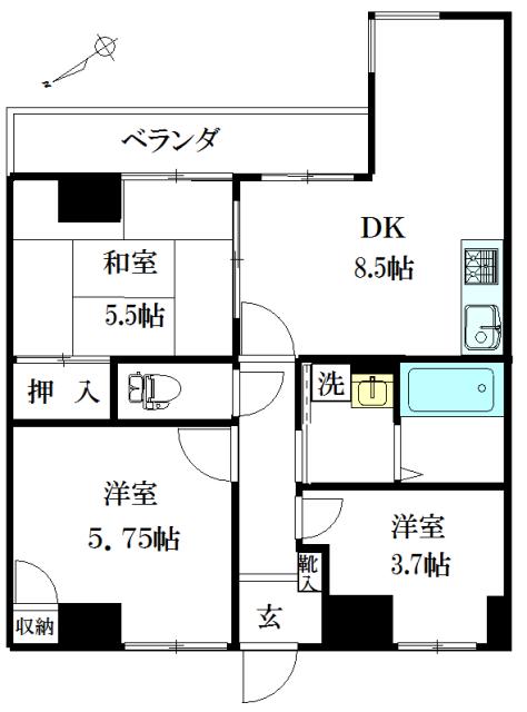 白鳥第5ビル(3DK/5階)の間取り写真