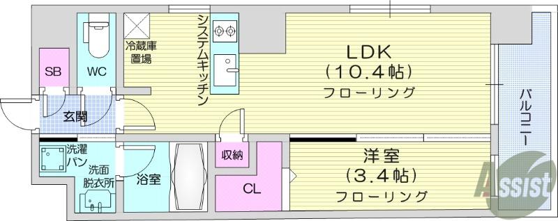 ドゥーエ仙台イースト3(1LDK/4階)の間取り写真
