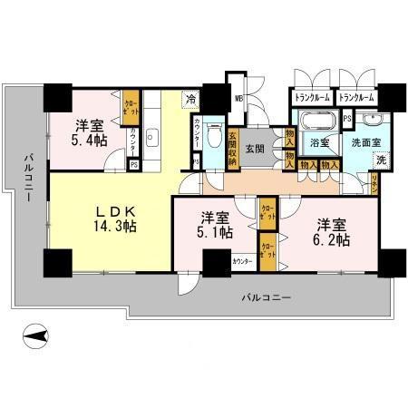 D 盛岡駅前 リバティ(3LDK/13階)の間取り写真