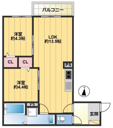 GRANDIS(2LDK/3階)の間取り写真