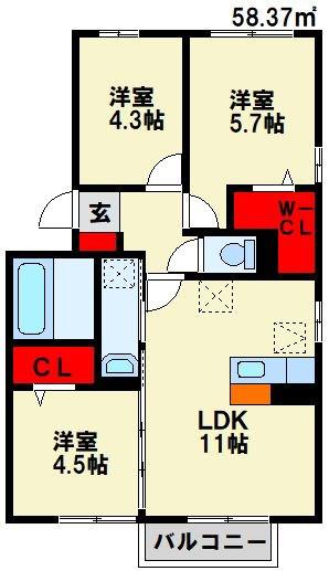 ラパン学研台A棟(3LDK/3階)の間取り写真