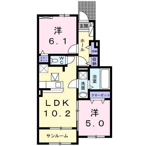 ケースリー V(2LDK/1階)の間取り写真