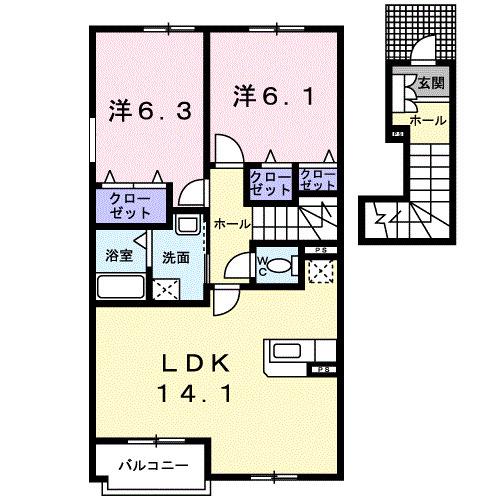 ピクシー ヒルズ B(2LDK/2階)の間取り写真