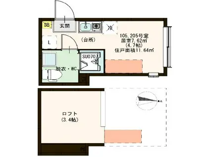 ハーモニーテラス上石神井IV(ワンルーム/2階)の間取り写真