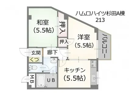 ハムロハイツ杉田A棟(2DK/2階)の間取り写真