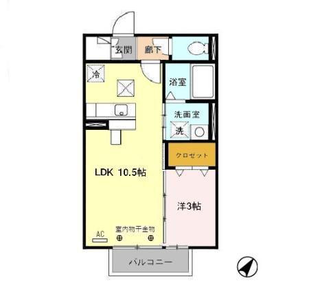 うらら・鞍月(1LDK/2階)の間取り写真