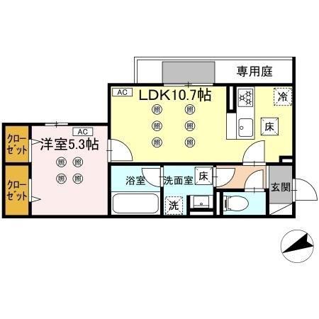 北九州モノレール 片野駅 徒歩15分 3階建 新築(1LDK/1階)の間取り写真