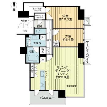 北浜ミッドタワー(2LDK/36階)の間取り写真