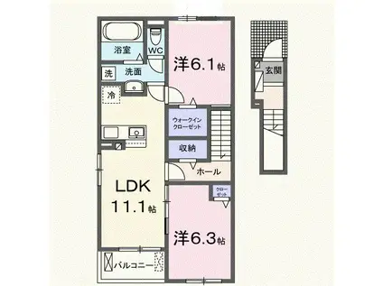 ペニー・レイン ウエスト(2LDK/2階)の間取り写真
