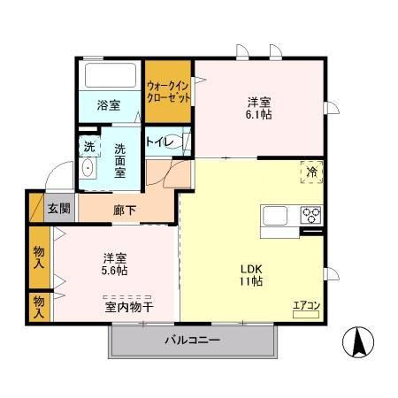 ラフレ仲道 D(2LDK/2階)の間取り写真