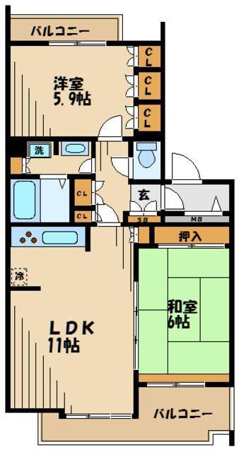 ウィステリア緑ヶ丘(2LDK/1階)の間取り写真