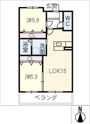 カーサ・ノーバ春日寺 B棟(2LDK/2階)の間取り写真