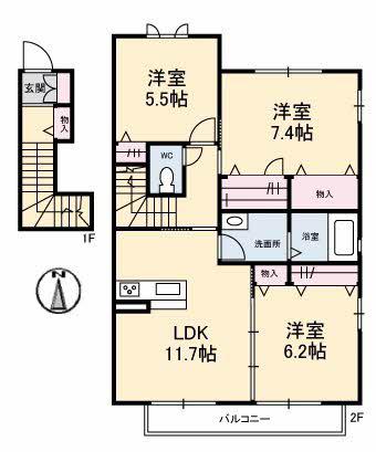 メゾン・ド・アンジュ B棟(3LDK/2階)の間取り写真