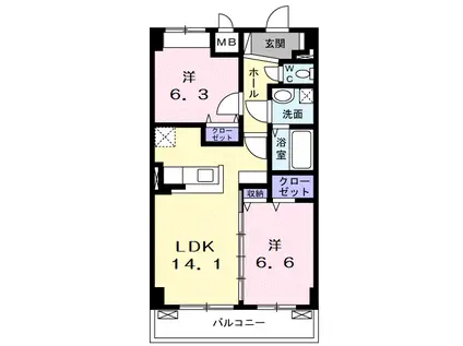 ラフィーネ不動湯田(2LDK/5階)の間取り写真