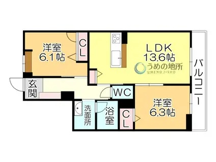 シャーメゾンレジデンス夜明(2LDK/3階)の間取り写真