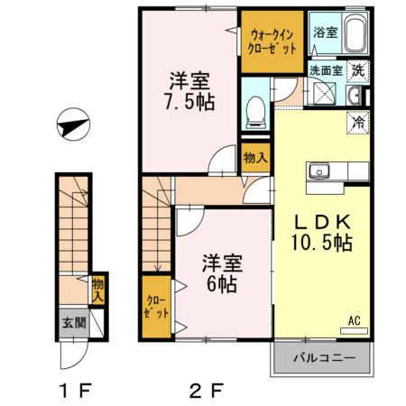 ローズコートヤマサB棟(2LDK/2階)の間取り写真
