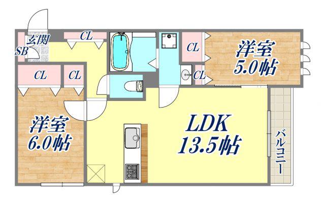 高倉山フラッツ(2LDK/3階)の間取り写真