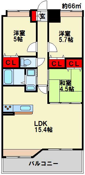 ソレアード苅田(3LDK/6階)の間取り写真