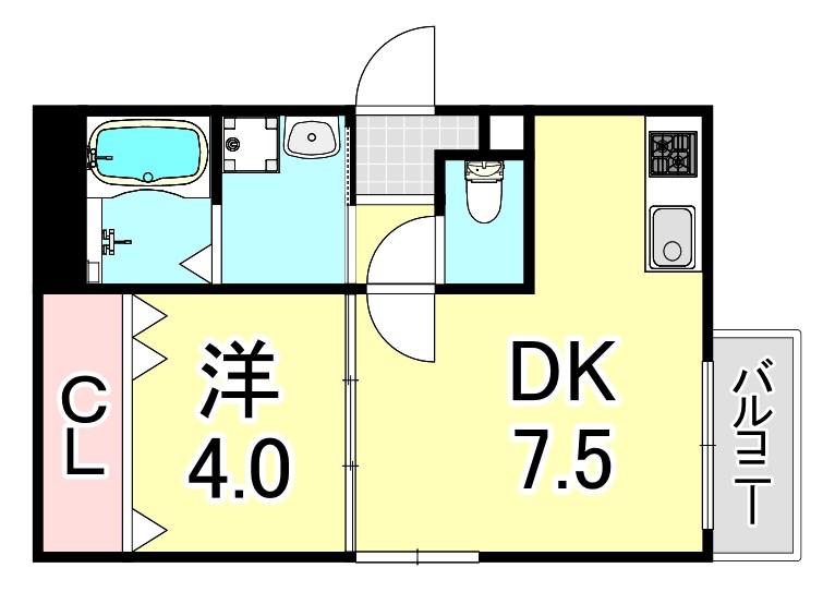 ルミエール西代 B棟(1DK/1階)の間取り写真