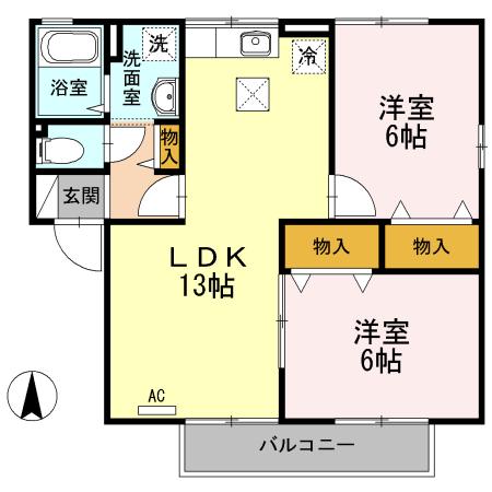 ソレイユハイムB棟(2LDK/1階)の間取り写真