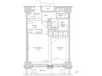 HOUSE岩本町(1LDK/14階)の間取り写真