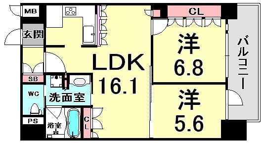 リーガル神戸三宮山手(2LDK/11階)の間取り写真
