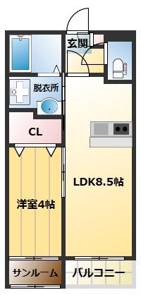 鹿児島市電谷山線 新屋敷駅 徒歩6分 5階建 築10年(1LDK/2階)の間取り写真