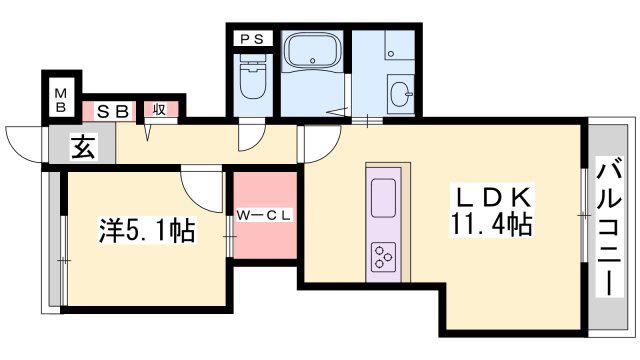 エレアージュ東姫路駅前(1LDK/1階)の間取り写真