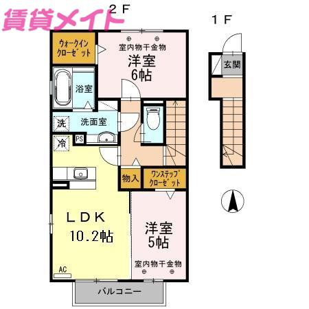 近鉄名古屋線 川越富洲原駅 徒歩20分 2階建 築13年(2LDK/2階)の間取り写真