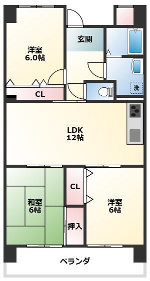 グリーンヒル波分(3LDK/9階)の間取り写真