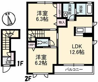 アトリエール東津田(2LDK/2階)の間取り写真