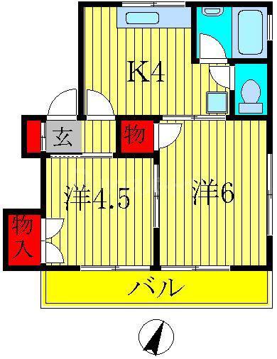 テラス緑ヶ丘(2K/1階)の間取り写真