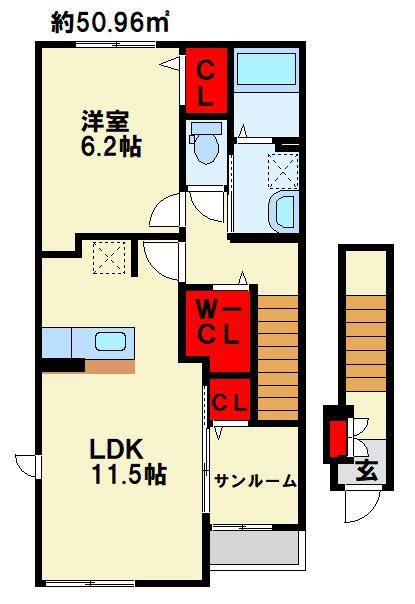 アーバンコート南行橋B棟(1LDK/2階)の間取り写真