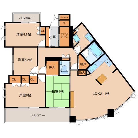 近鉄奈良線 学園前駅(奈良) 徒歩3分 8階建 築22年(4LDK/5階)の間取り写真