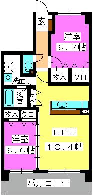 ヴィルヌーブ姪浜(2LDK/2階)の間取り写真