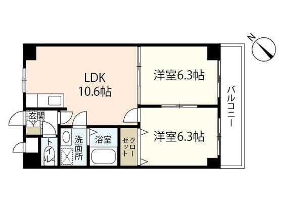 サニーヒルズ大福(2LDK/6階)の間取り写真
