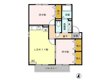 サニーフラット若園D棟(2LDK/2階)の間取り写真