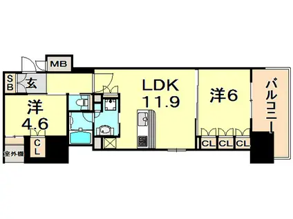 リーガル神戸三宮フラワーロード(2LDK/12階)の間取り写真