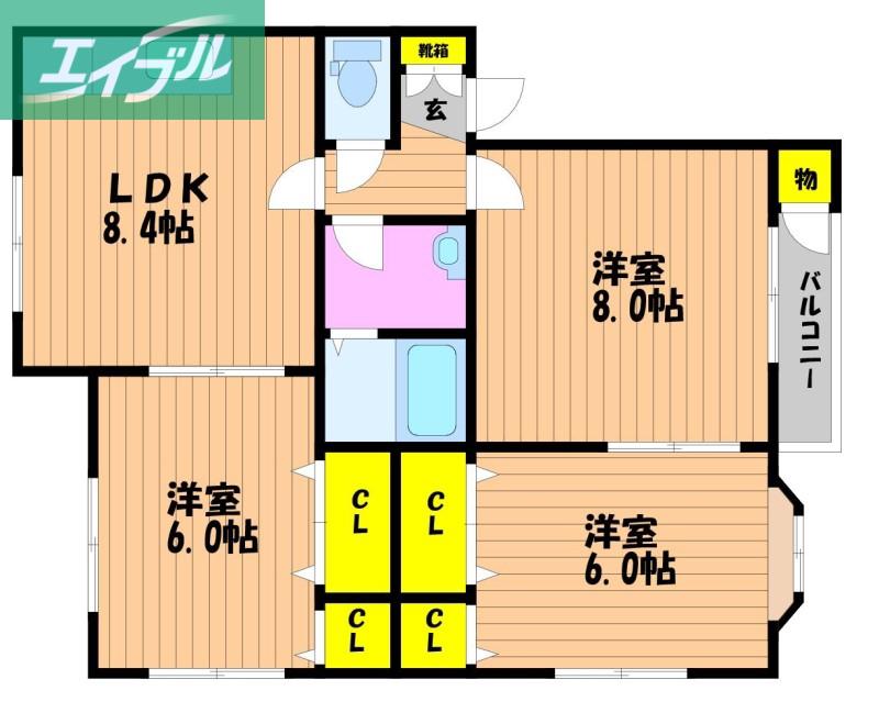 ラシェールB棟(3LDK/1階)の間取り写真